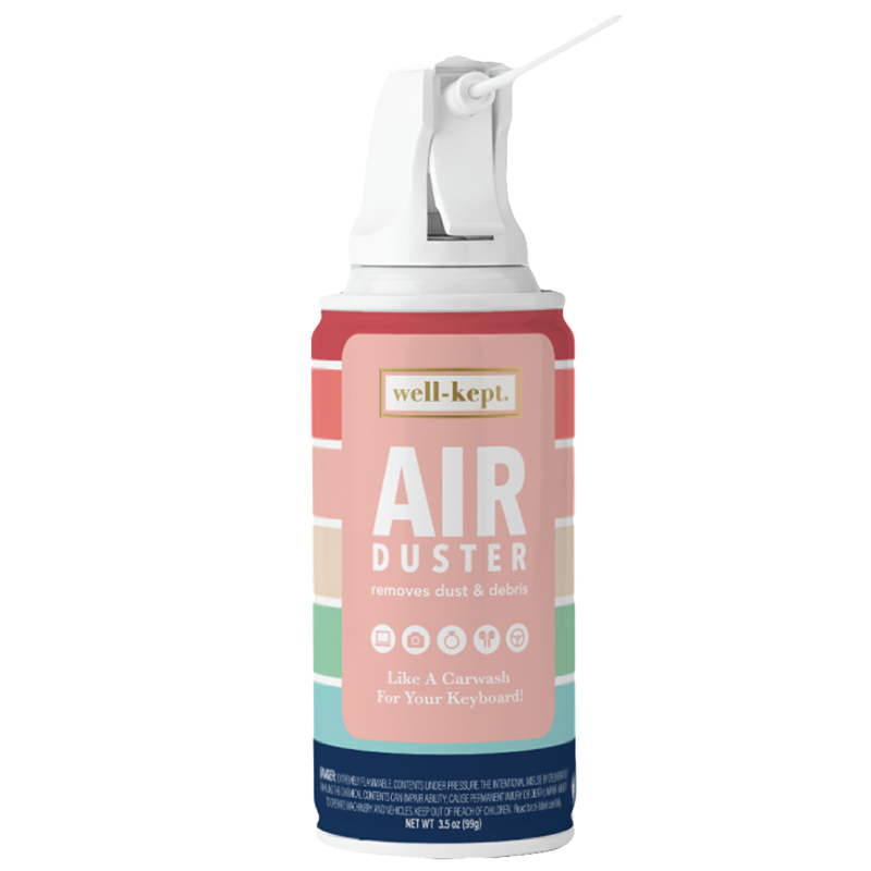 Mini compressed air duster spray can with straw nozzle; well-kept pastel label.