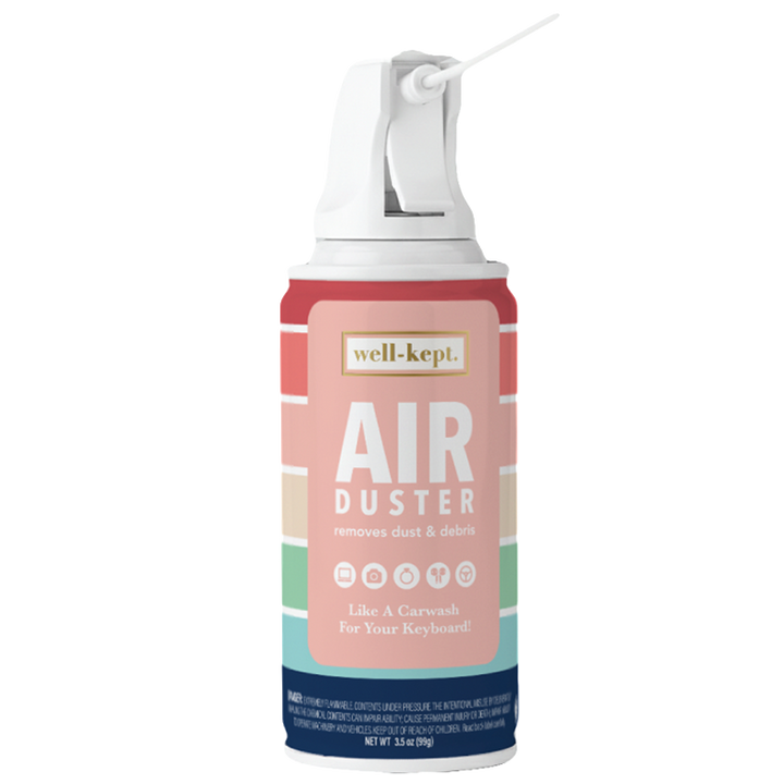 Mini compressed air duster spray can with straw nozzle; well-kept pastel label.