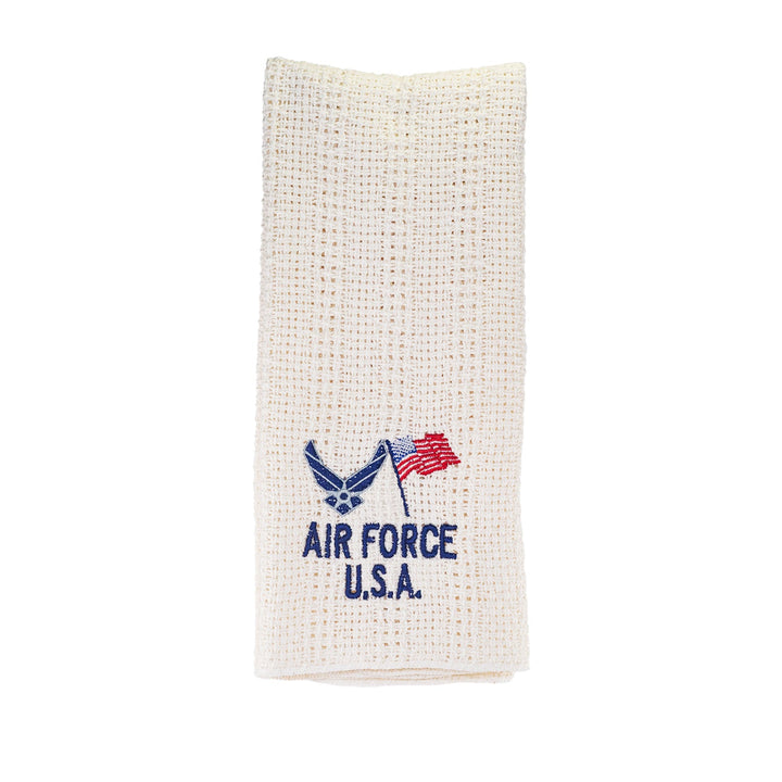 Cream cotton kitchen towel with embroidered Air Force wing and flag