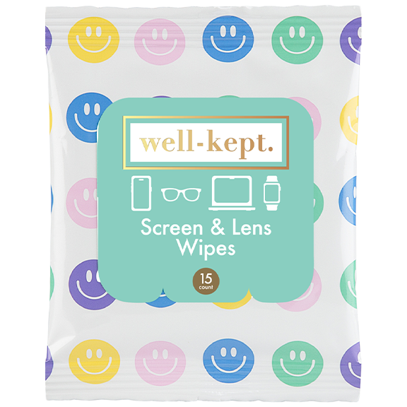 Screen &amp; Lens Wipes pack with smiley icons, well-kept branding, 15-count.