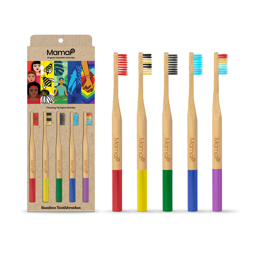 5-pack bamboo toothbrushes with multicolor bristles on bamboo handles, in display box