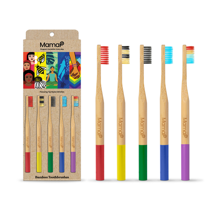 5-pack bamboo toothbrushes with multicolor bristles on bamboo handles, in display box
