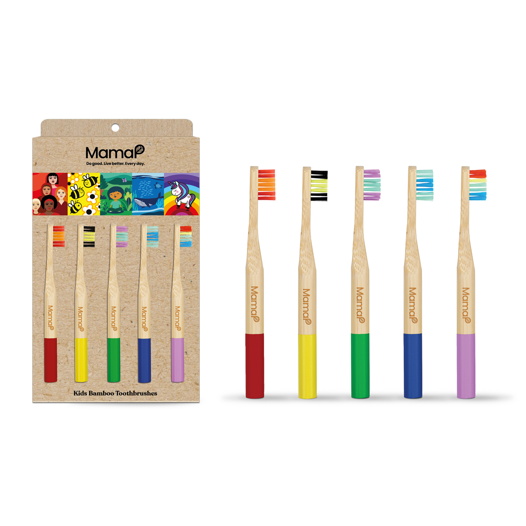 Kids bamboo toothbrush 5-pack in retail box with five colorful handle designs