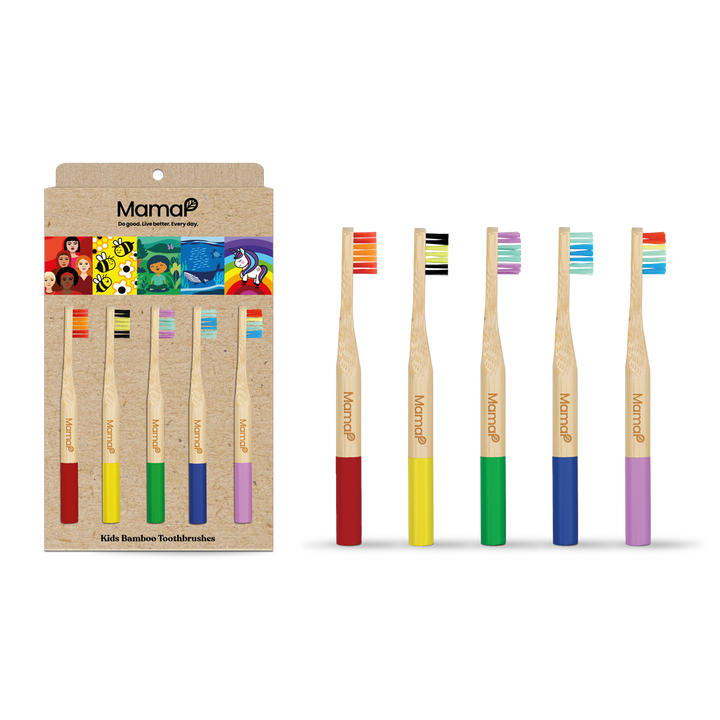 Kids bamboo toothbrush 5-pack in retail box with five colorful handle designs