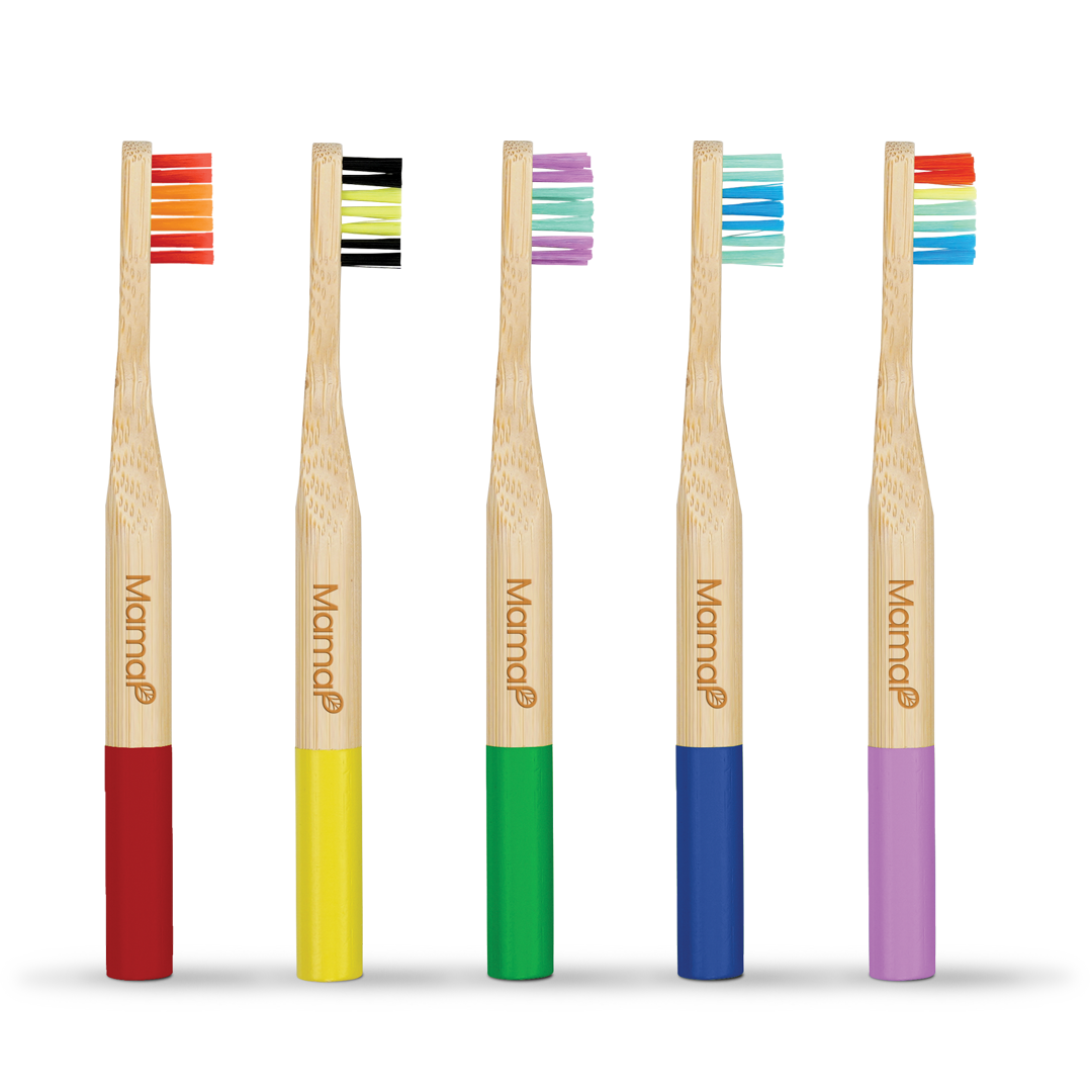 Five kids bamboo toothbrushes with multicolor handles and bristle tips