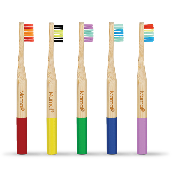 Five kids bamboo toothbrushes with multicolor handles and bristle tips