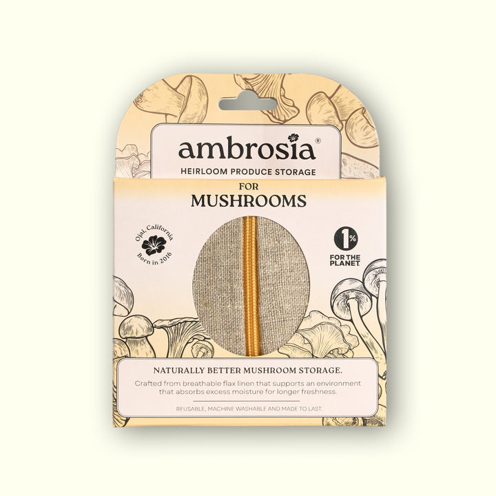 Ambrosia mushroom storage dry bag retail package, front label and produce illustration