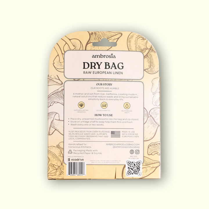 Ambrosia dry bag retail package, back panel with instructions and icons