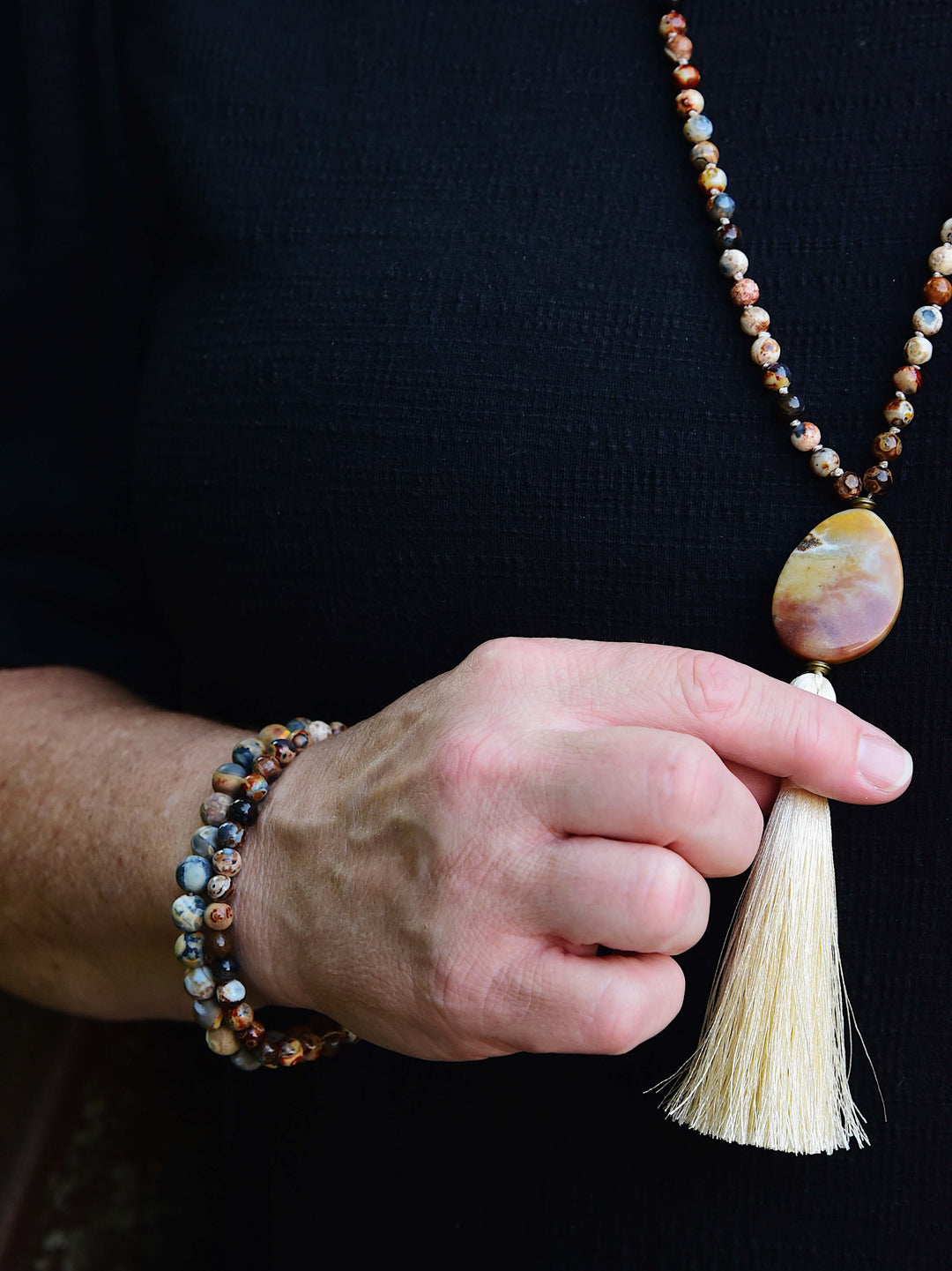 Rooted Strength Meditation Mala – 108 Beads of Ancient Agate & Amazonite