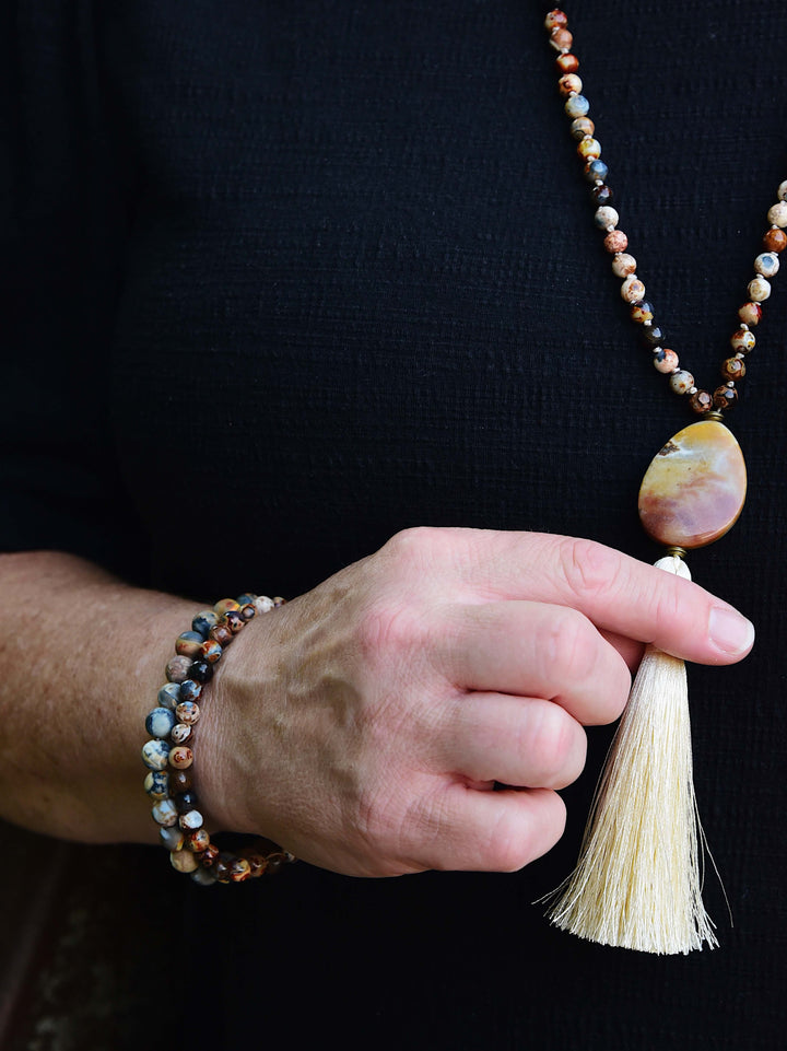 Rooted Strength Meditation Mala – 108 Beads of Ancient Agate & Amazonite