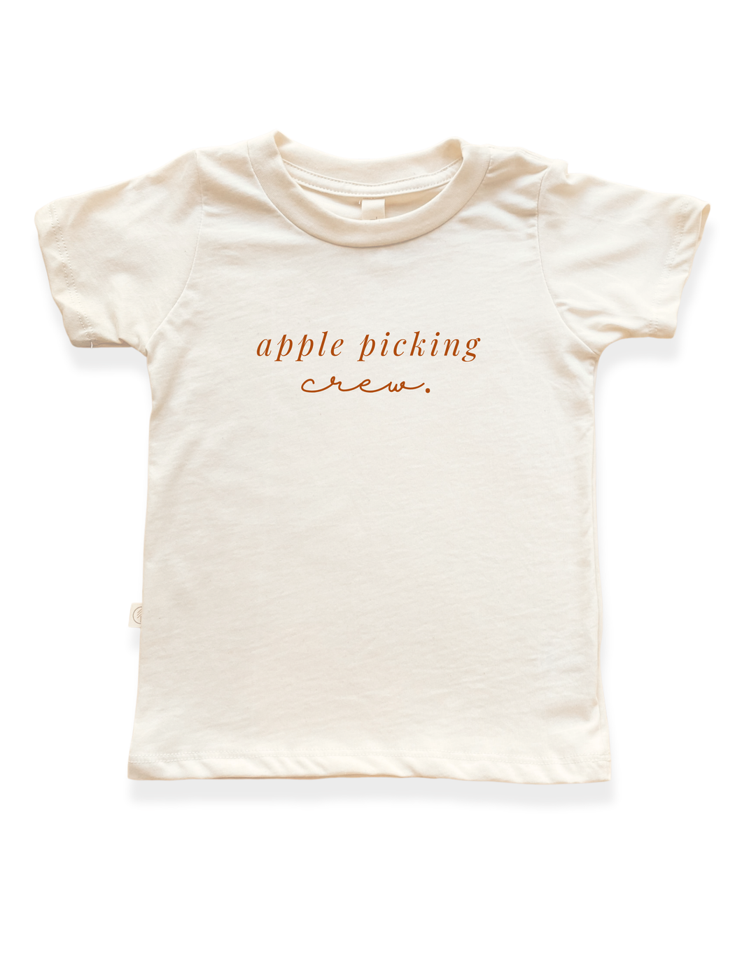 Kids organic crewneck t-shirt, cream color with 'apple picking crew.' print