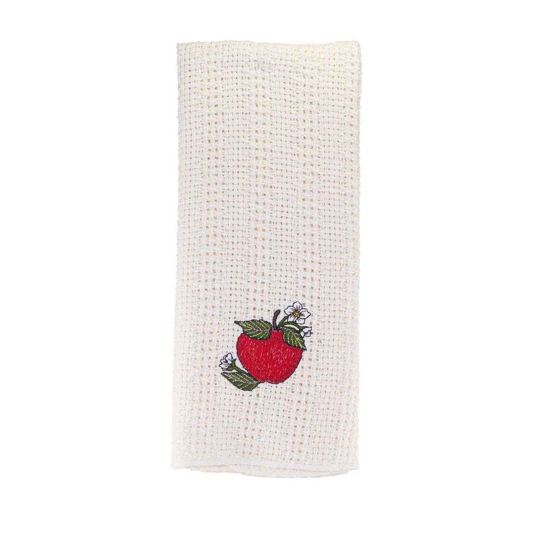 Cream cotton kitchen towel with embroidered red apple and green leaves