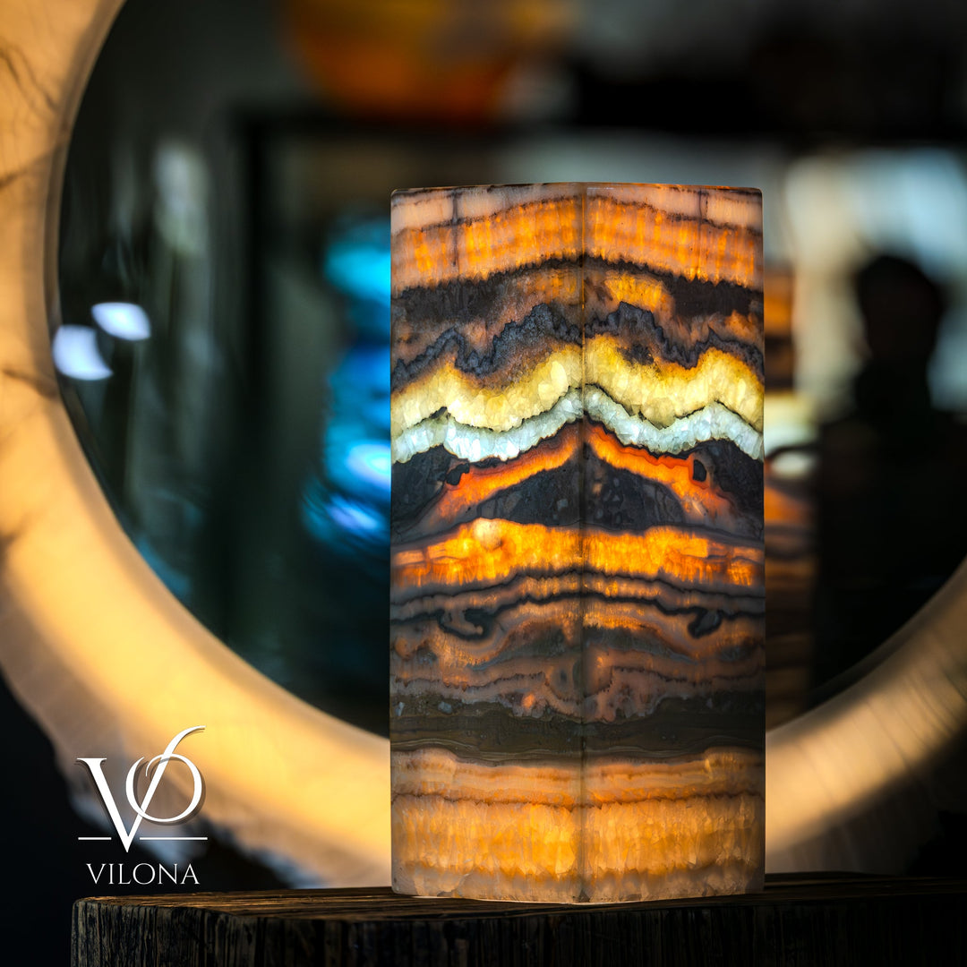 Square table lamp base with marbled orange, black, and gold resin finish