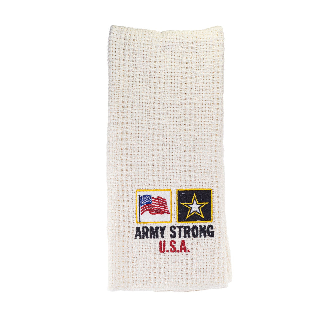 Cream cotton kitchen towel with embroidered Army Strong U.S.A. crest