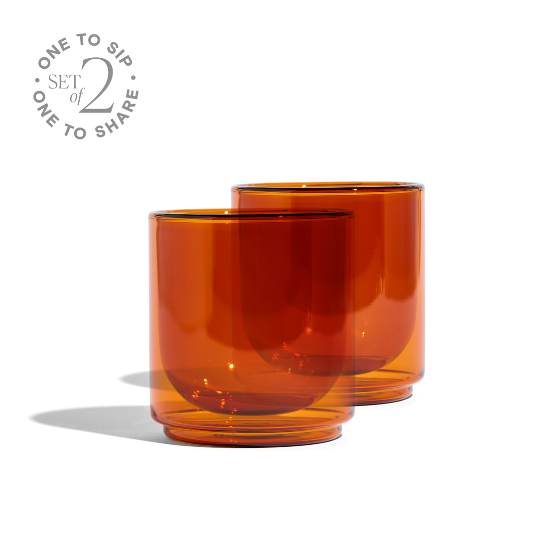 Amber glass tumbler set of 2, rounded tumbler with wide rim