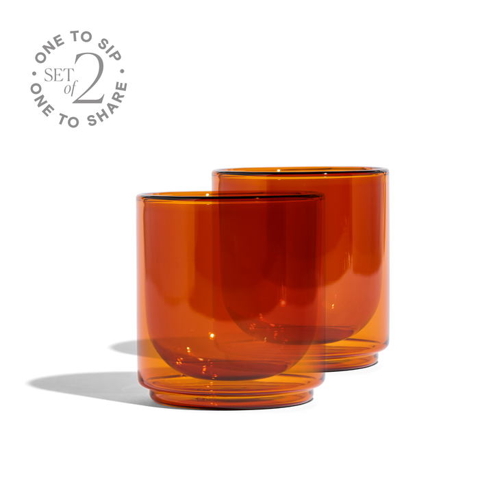 Amber glass tumbler set of 2, rounded tumbler with wide rim