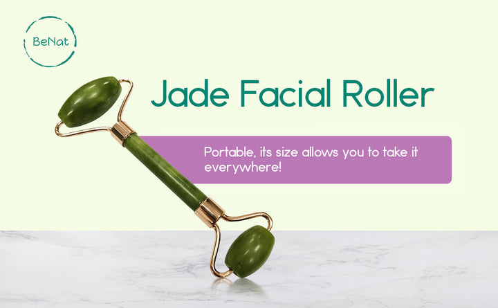 Jade facial roller with green stones and gold-tone double roller head