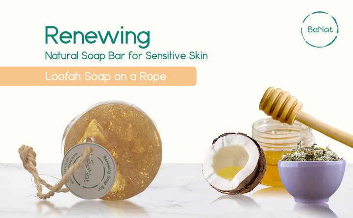 Loofah soap bar on rope with natural ingredient illustrations.
