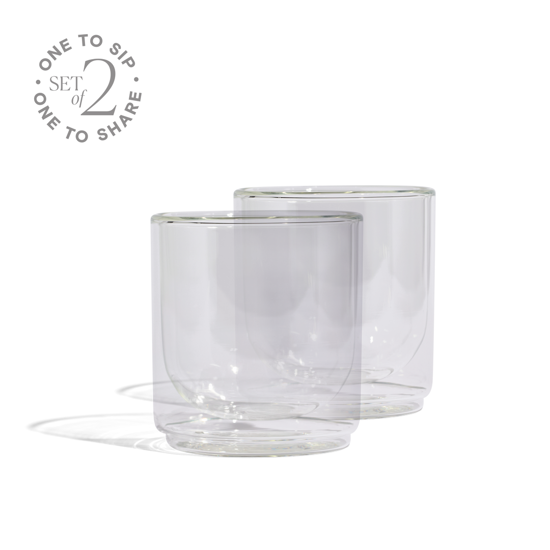 Clear glass tumbler set of 2, curved double-wall style with wide rim