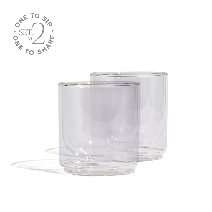 Clear glass tumbler set of 2, curved double-wall style with wide rim