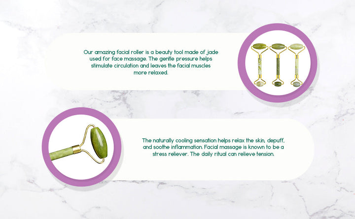 Jade facial roller shown with green stones and gold-tone U-shaped handles