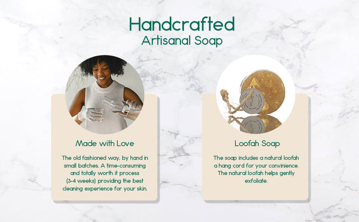 Handcrafted loofah soap bar on rope with circular BeNat label.