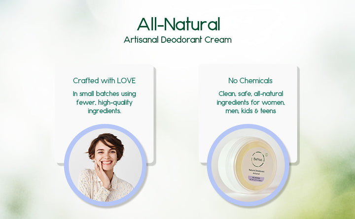 All-natural artisanal deodorant cream tin, front label on circular container
