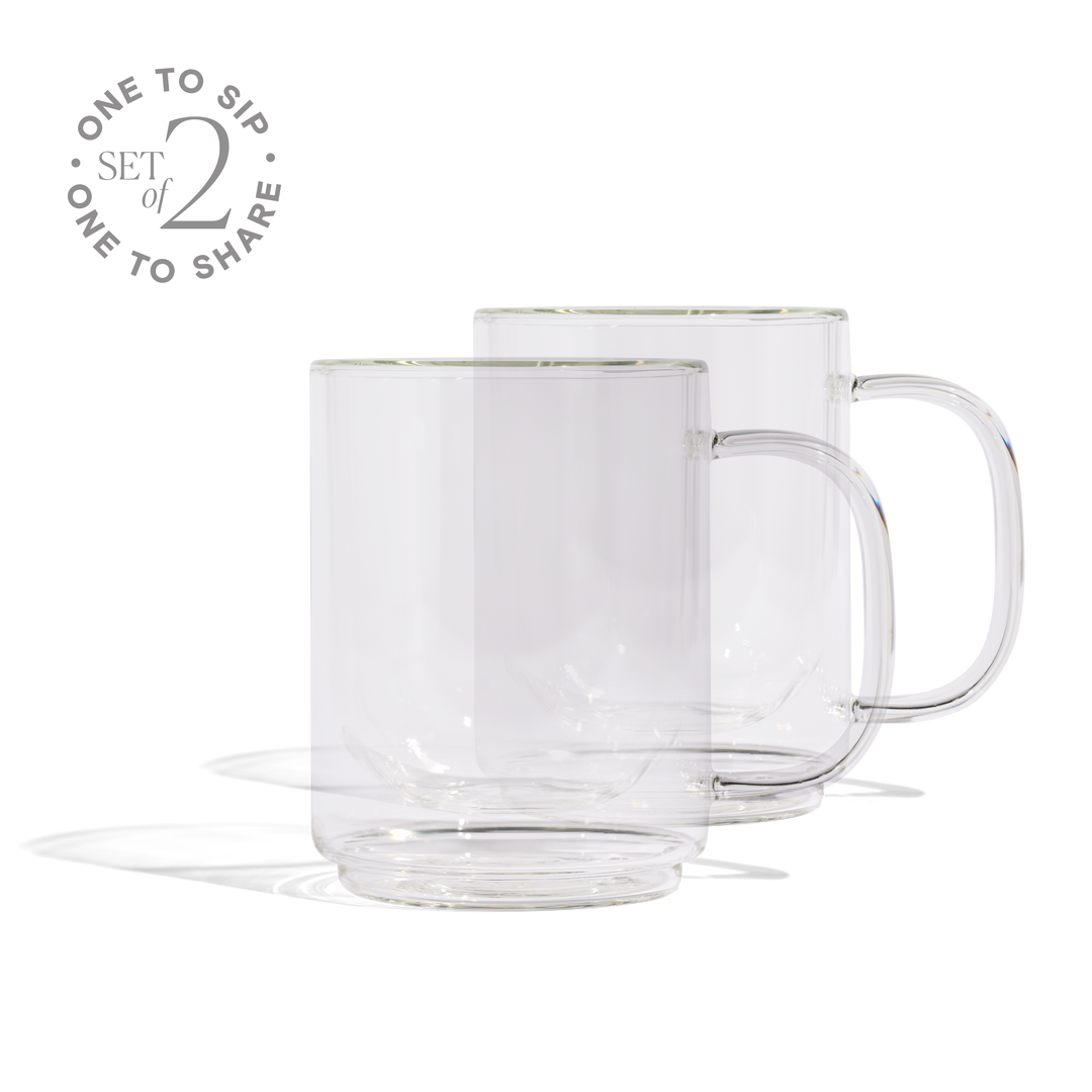 Clear glass mug set of 2 with loop handle, stackable shape