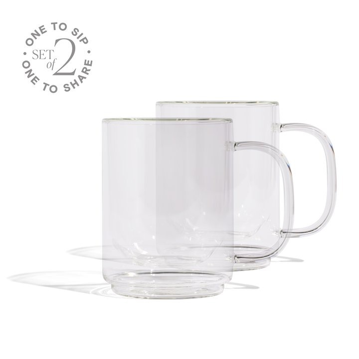 Clear glass mug set of 2 with loop handle, stackable shape