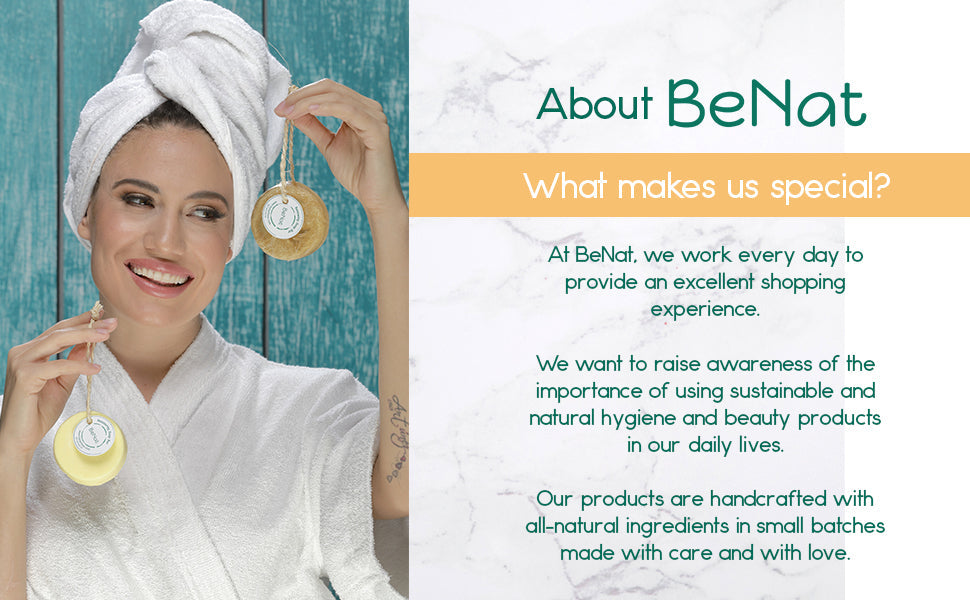 BeNat renewing loofah soap bar on rope with circular label and brand mark.