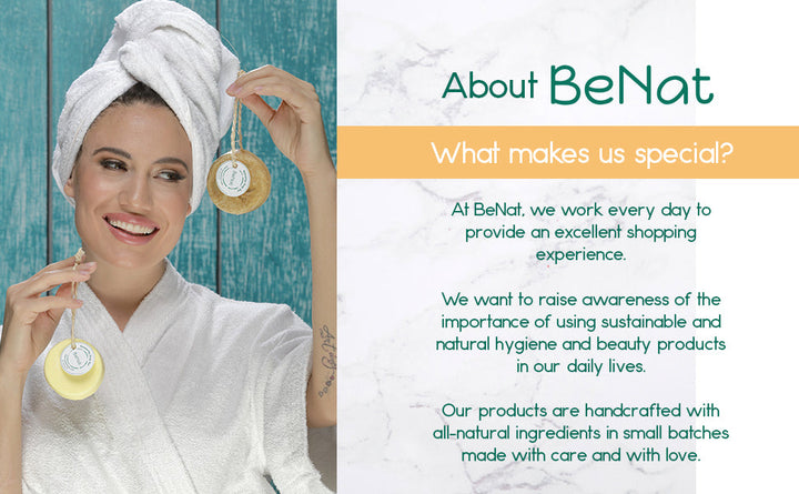 BeNat renewing loofah soap bar on rope with circular label and brand mark.