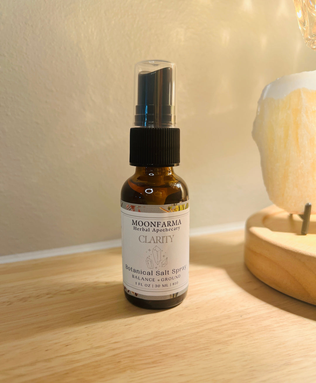 Moonfarma Clarity herbal salt spray bottle with black mist sprayer pump