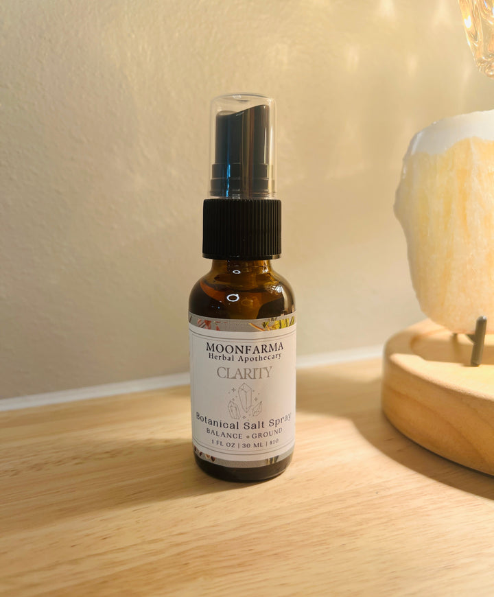 Moonfarma Clarity herbal salt spray bottle with black mist sprayer pump