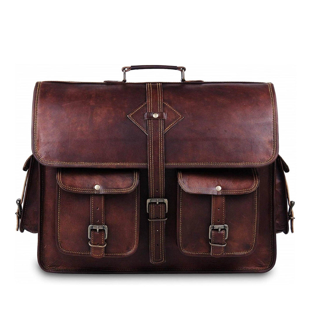 Brown leather briefcase with top handle, front flap, and two zip pockets