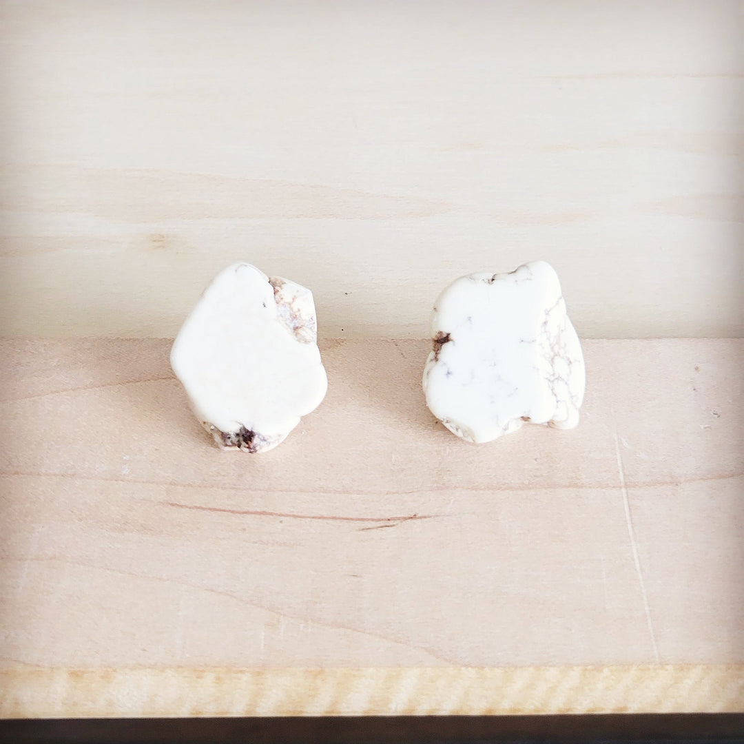 White marble-look slab earring studs, white stone with brown veining