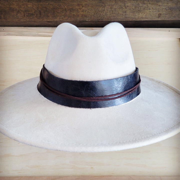 Wide black genuine leather hat band with brown-lined center