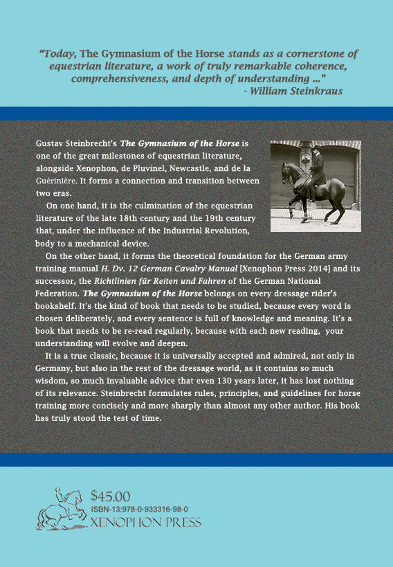 The Gymnasium of the Horse hardcover book page, quote text with small rider-and-horse photo