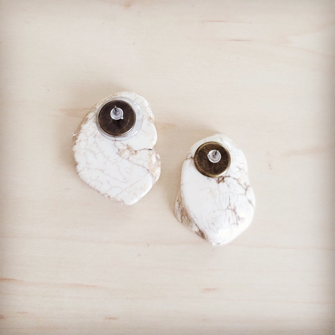 White marble-look slab earring studs with gold-tone backing discs