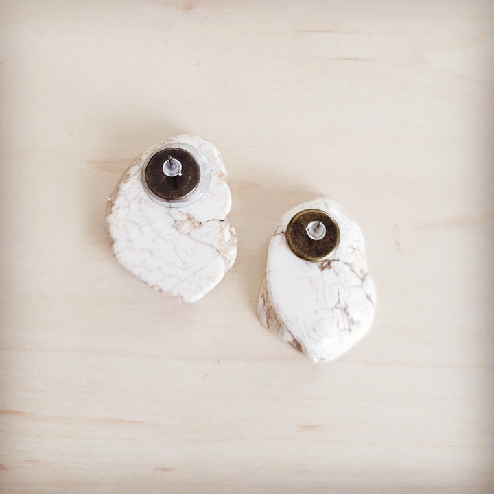 White marble-look slab earring studs with gold-tone backing discs