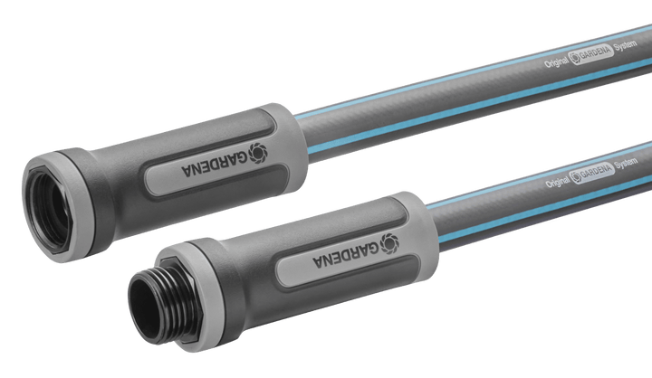 Garden hose end connectors with threaded couplings and dark gray handle sections