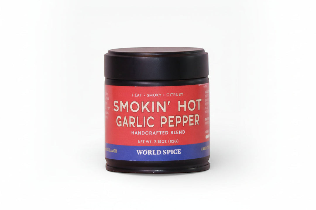 Smokin’ Hot Garlic Pepper jar, world spice label and black lid