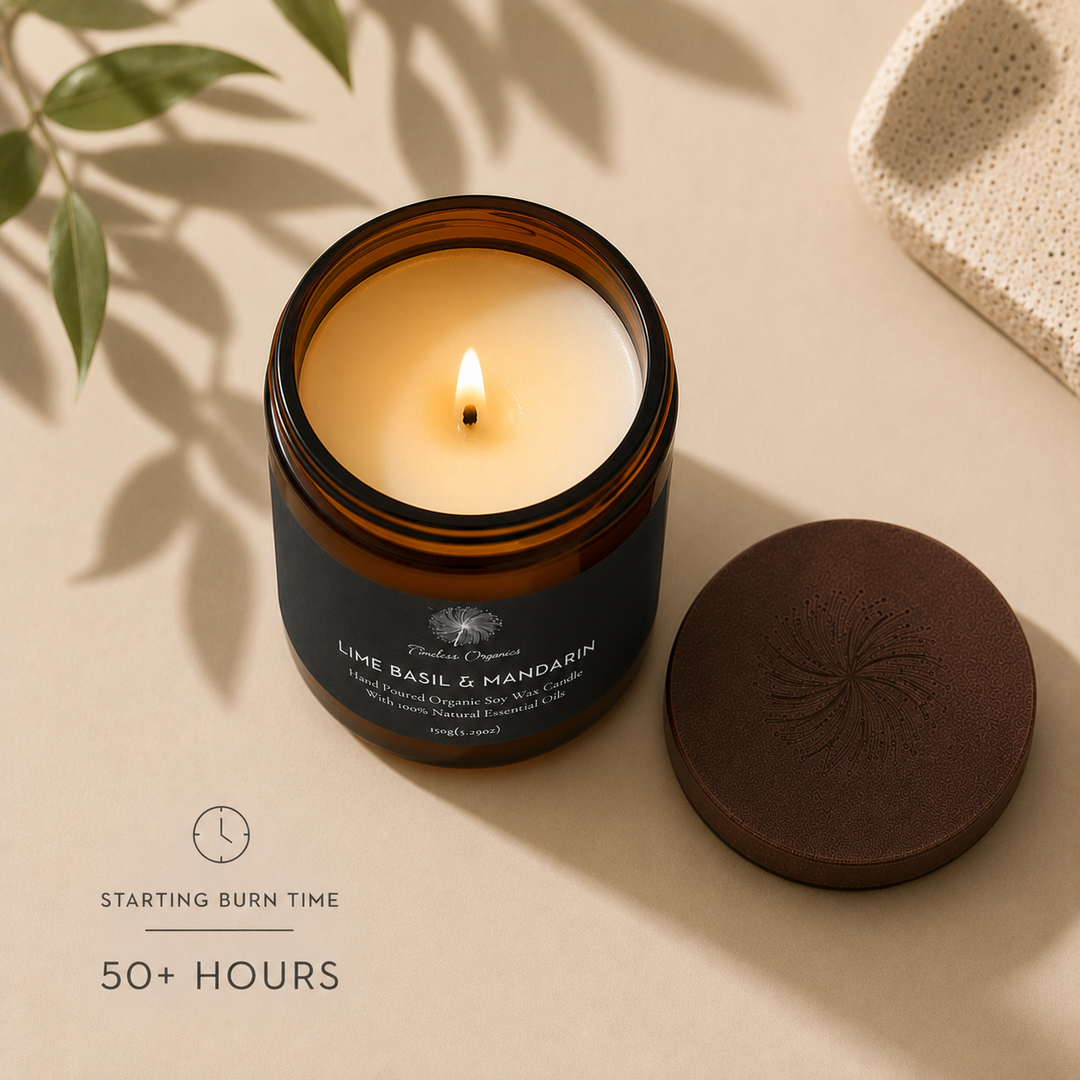 Amber glass soy candle with lid and lit wick, Lime Basil &amp; Mandarin scent