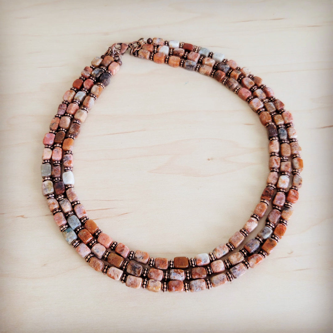 Layered beaded collar necklace, triple strand with copper-brown, rust, pink, and white beads