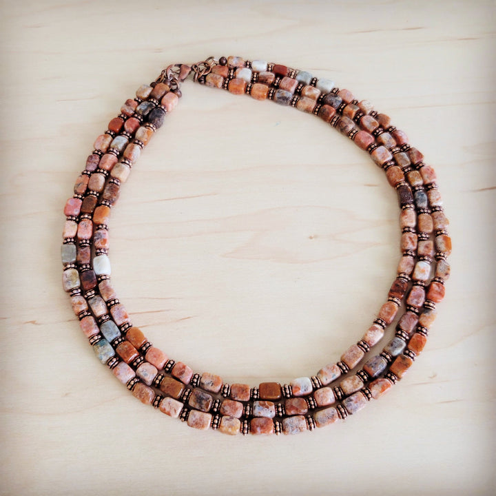 Layered beaded collar necklace, triple strand with copper-brown, rust, pink, and white beads