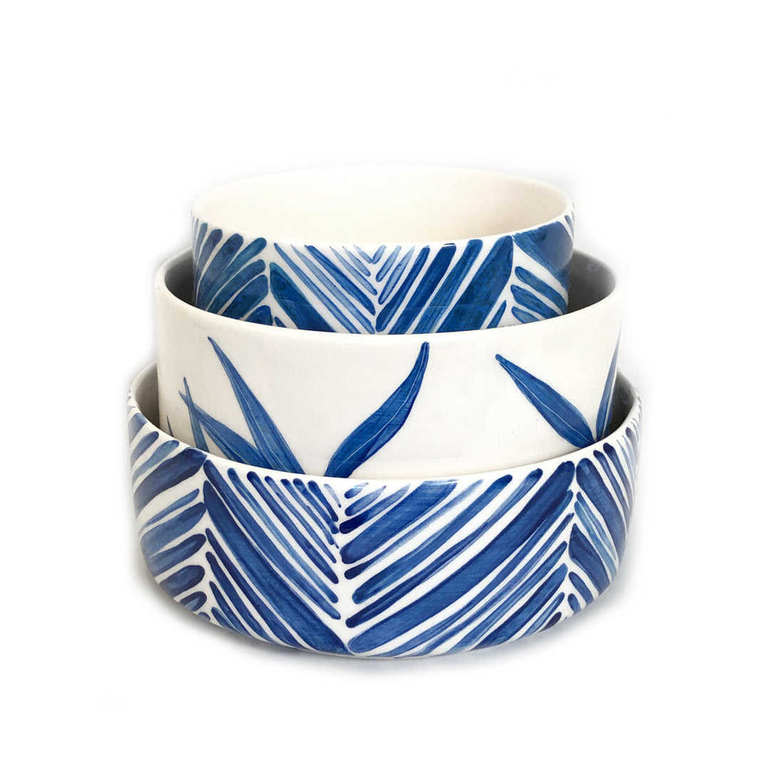 Tall Serving Bowl - Blue Palm Leaves
