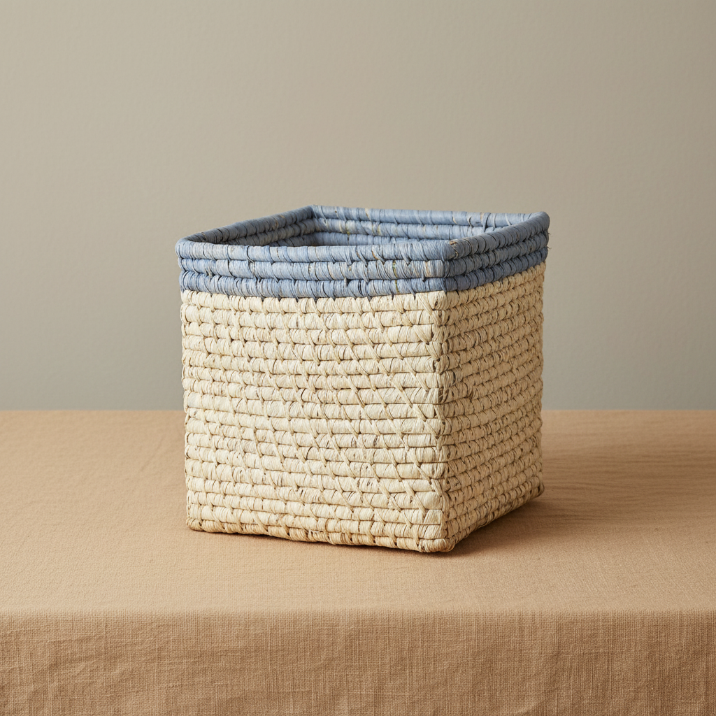 Small Square Raffia Storage Basket with a Blue Top