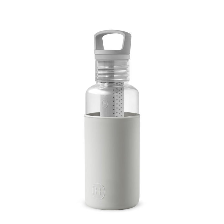 20 oz grey bottle with clear infuser and flip-top lid