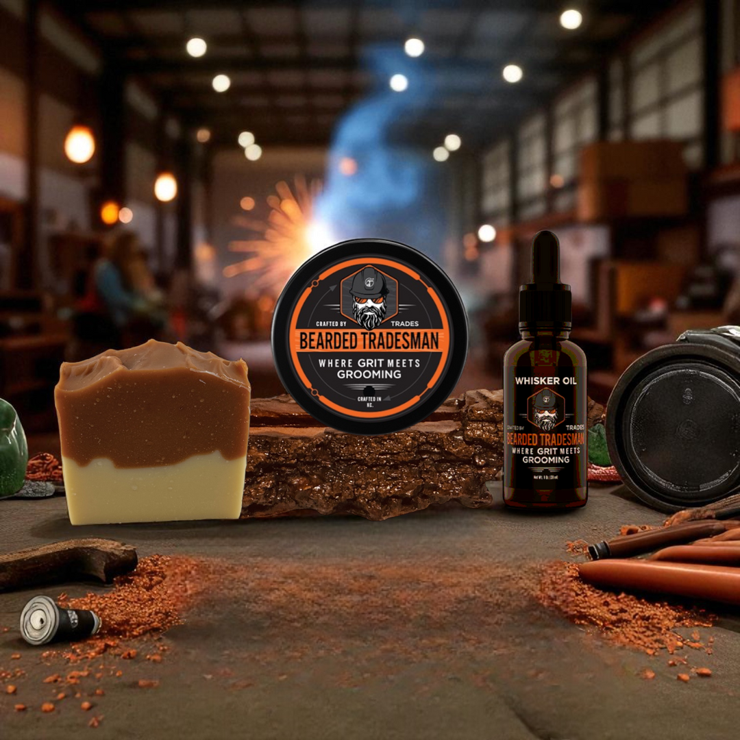 Beard grooming kit: tin balm, beard oil bottle, and bar soap