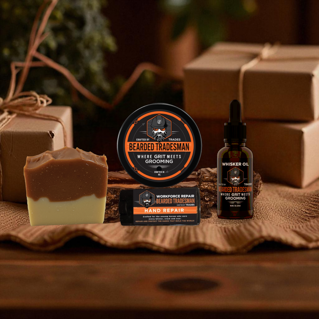 Journeyman’s Grit kit with beard oil, grooming tin, hand repair pack, soap bar