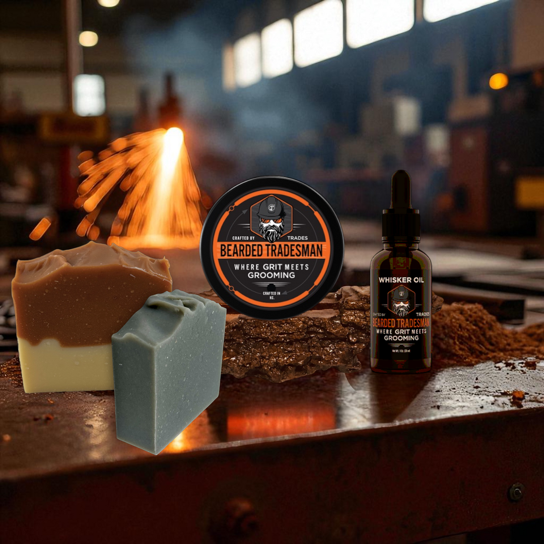 Beard grooming kit with tin, whisker oil bottle, and two bar soaps on workbench